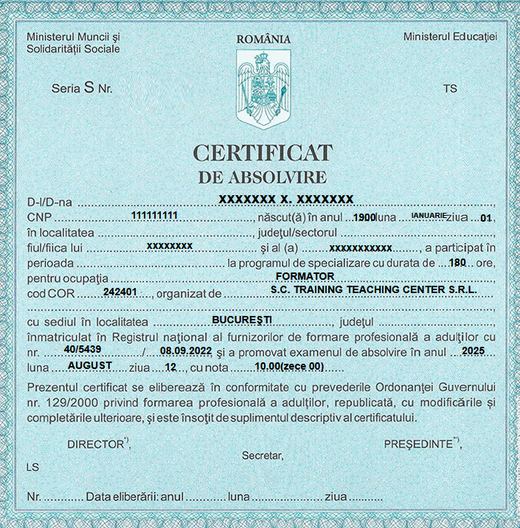 Model certificat de absolvire Formator, cod COR 242401